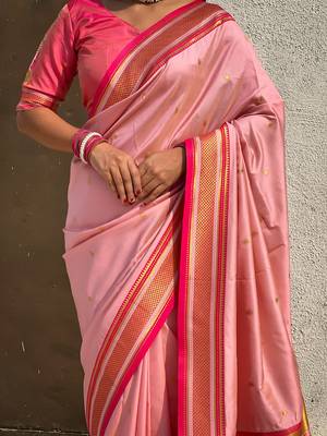 Peach organza zari weaving saree with matching blouse piece 5