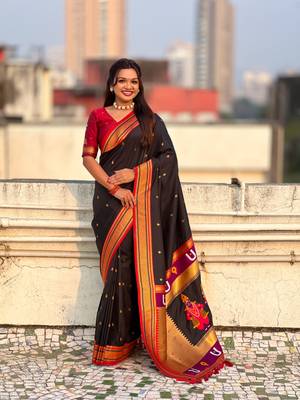 Black organza zari weaving saree with matching blouse piece 1