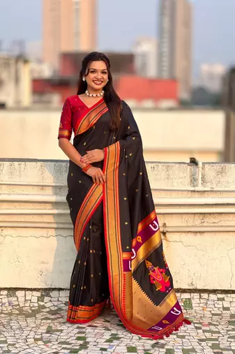 Black organza zari weaving saree with matching blouse piece