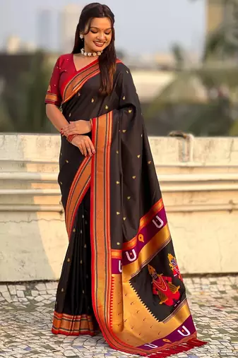 Black organza zari weaving saree with matching blouse piece