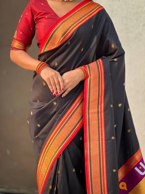 Black organza zari weaving saree with matching blouse piece 5