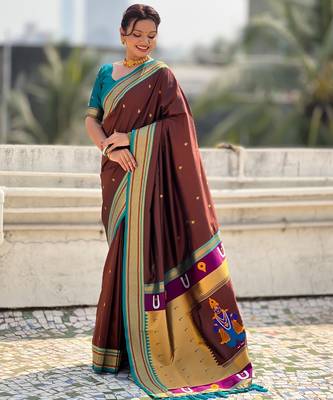Brown organza zari weaving saree with matching blouse piece 1