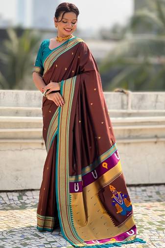 Brown organza zari weaving saree with matching blouse piece