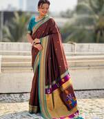 Brown organza zari weaving saree with matching blouse piece