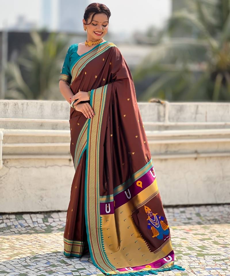Brown organza zari weaving saree with matching blouse piece