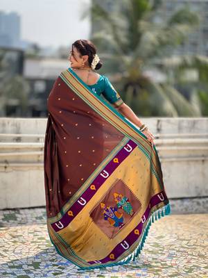 Brown organza zari weaving saree with matching blouse piece 2