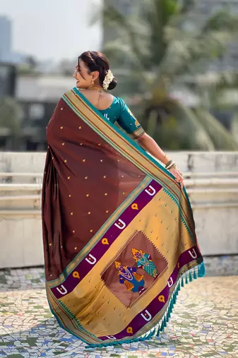 Brown organza zari weaving saree with matching blouse piece