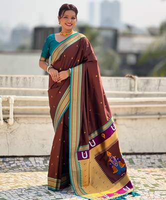 Brown organza zari weaving saree with matching blouse piece 3