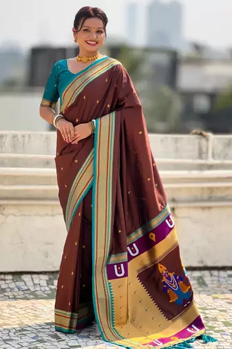 Brown organza zari weaving saree with matching blouse piece
