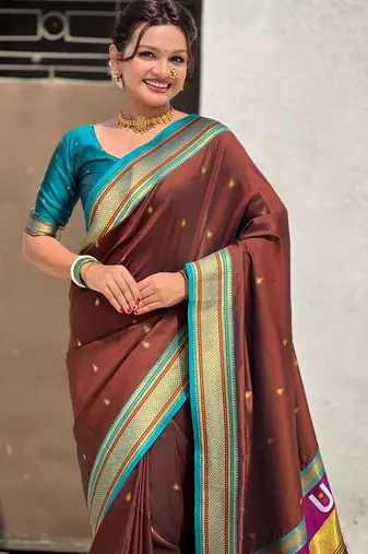 Brown organza zari weaving saree with matching blouse piece