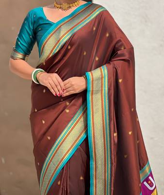 Brown organza zari weaving saree with matching blouse piece 5