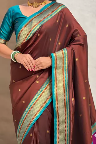 Brown organza zari weaving saree with matching blouse piece