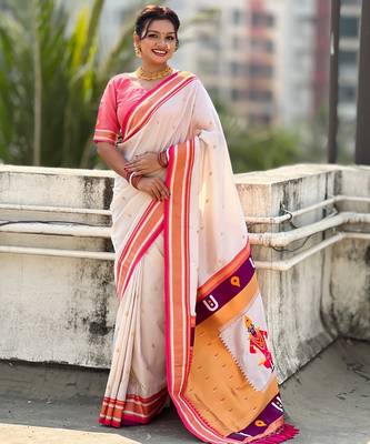 White organza zari weaving saree with matching blouse piece 1