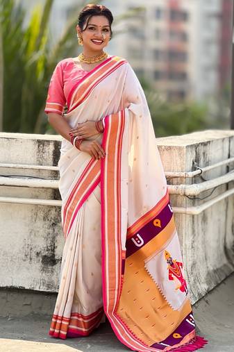 White organza zari weaving saree with matching blouse piece