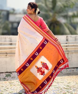 White organza zari weaving saree with matching blouse piece 2