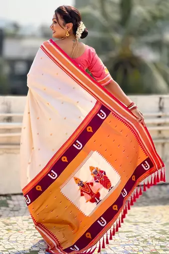 White organza zari weaving saree with matching blouse piece