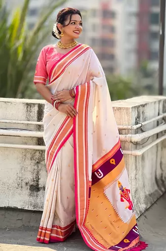 White organza zari weaving saree with matching blouse piece