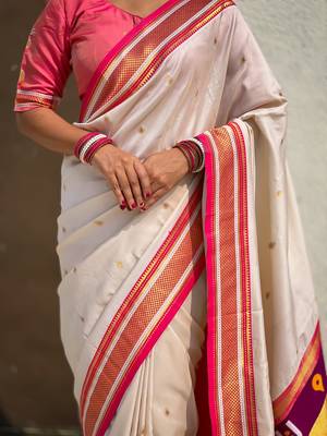 White organza zari weaving saree with matching blouse piece 5