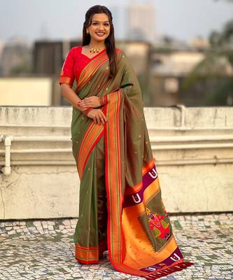 Olive organza zari weaving saree with matching blouse piece 1
