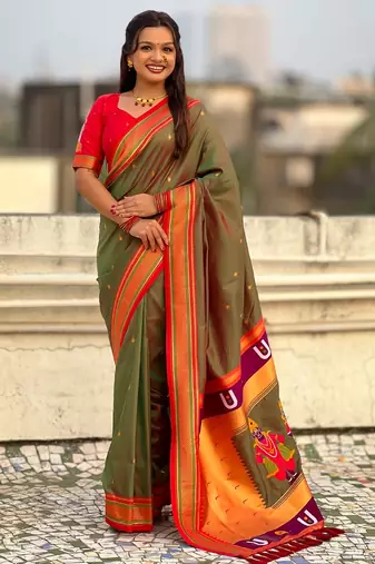 Olive organza zari weaving saree with matching blouse piece