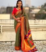 Olive organza zari weaving saree with matching blouse piece