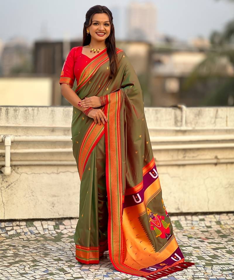 Olive organza zari weaving saree with matching blouse piece