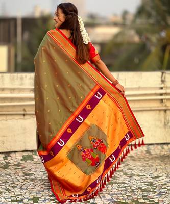 Olive organza zari weaving saree with matching blouse piece 2