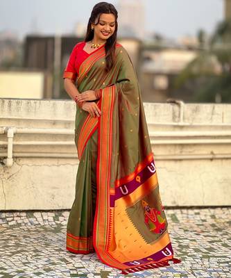 Olive organza zari weaving saree with matching blouse piece 3