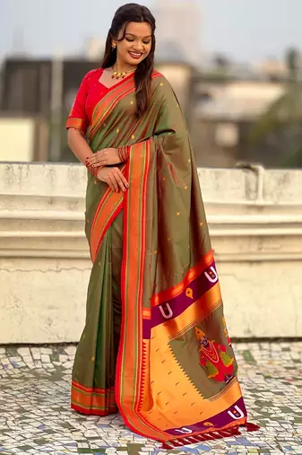 Olive organza zari weaving saree with matching blouse piece