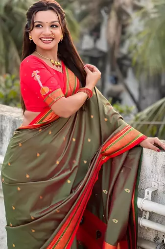 Olive organza zari weaving saree with matching blouse piece