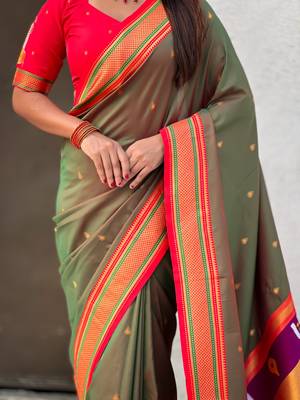 Olive organza zari weaving saree with matching blouse piece 5