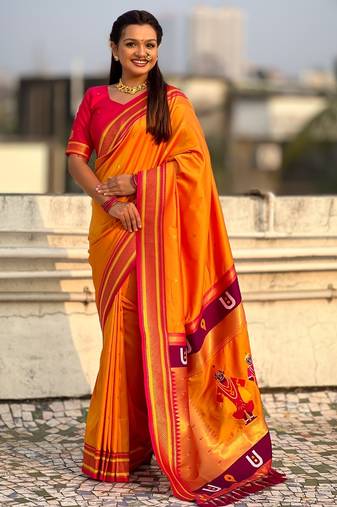 Mustard organza zari weaving saree with matching blouse piece
