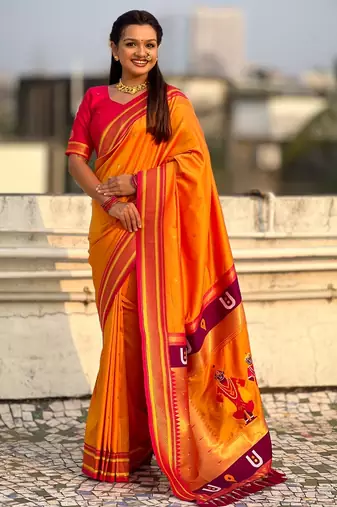 Mustard organza zari weaving saree with matching blouse piece