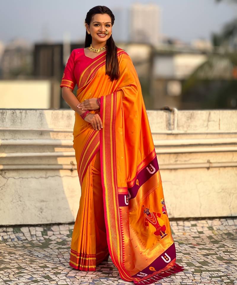 Mustard organza zari weaving saree with matching blouse piece