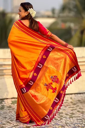 Mustard organza zari weaving saree with matching blouse piece