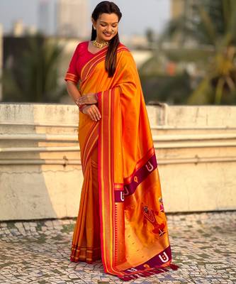 Mustard organza zari weaving saree with matching blouse piece 3