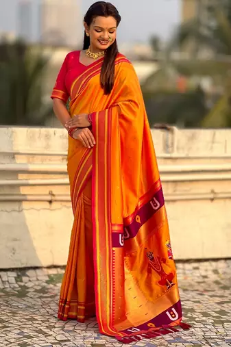 Mustard organza zari weaving saree with matching blouse piece