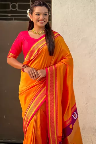 Mustard organza zari weaving saree with matching blouse piece