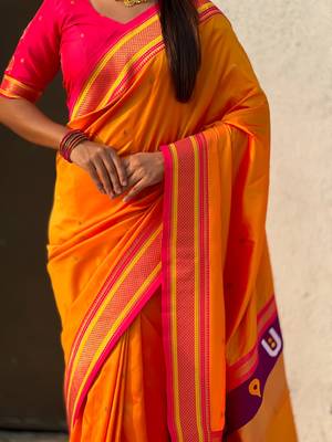 Mustard organza zari weaving saree with matching blouse piece 5