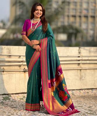 Teal organza zari weaving saree with matching blouse piece 1