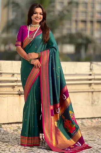 Teal organza zari weaving saree with matching blouse piece