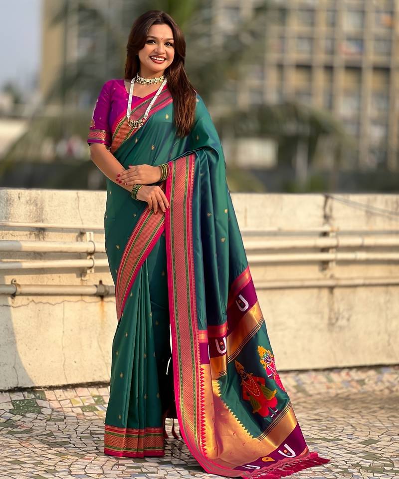 Teal organza zari weaving saree with matching blouse piece
