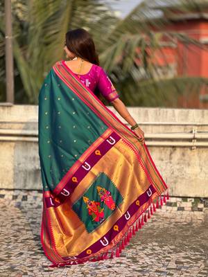 Teal organza zari weaving saree with matching blouse piece 2