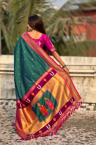 Teal organza zari weaving saree with matching blouse piece