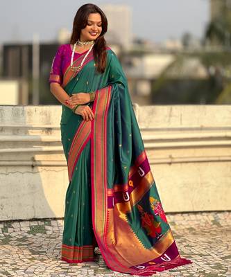 Teal organza zari weaving saree with matching blouse piece 3