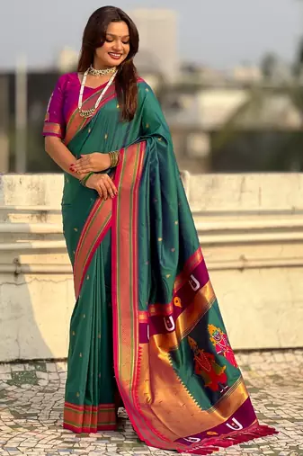 Teal organza zari weaving saree with matching blouse piece
