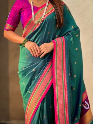 Teal organza zari weaving saree with matching blouse piece 5