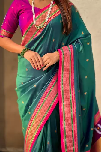 Teal organza zari weaving saree with matching blouse piece