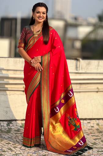 Red organza zari weaving saree with matching blouse piece