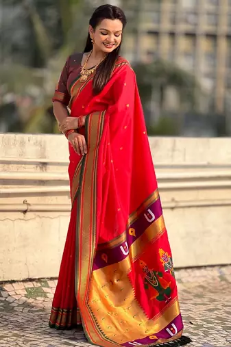 Red organza zari weaving saree with matching blouse piece